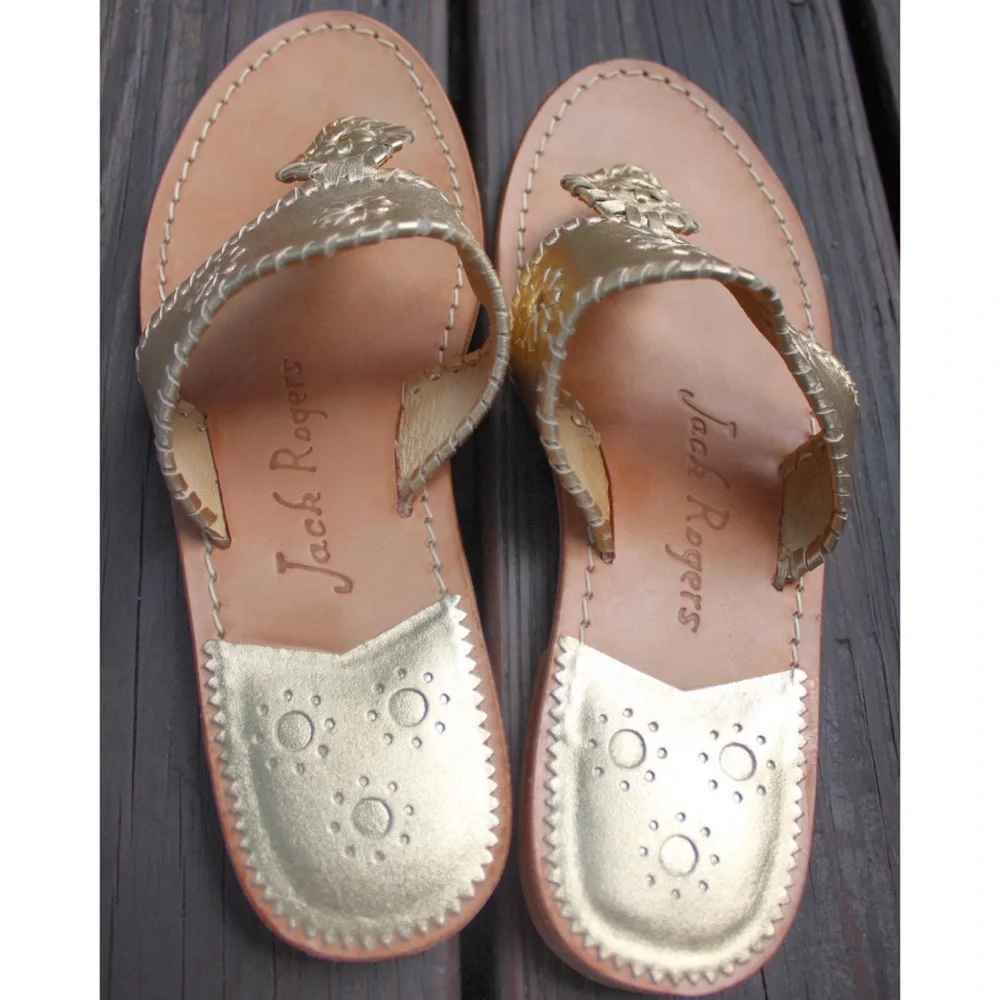 Jack Rogers Leather Flat Sandal Preowned 8.5 Platinum Gold